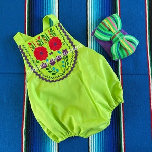 Mexican embroidered fiesta romper, floral embroidery baby girls sunsuit, mexican baby outfit, colorful spring jumpsuit, boho hippie bodysuit