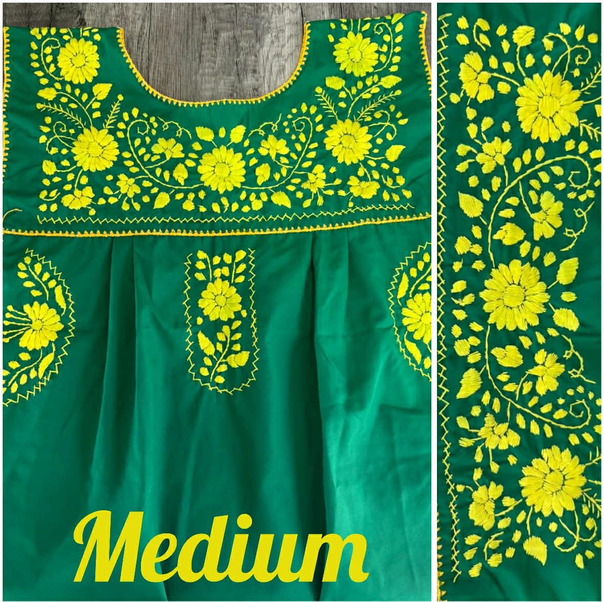 Embroidered Green Blouse, Yellow Floral Embroidery, Mexican Top