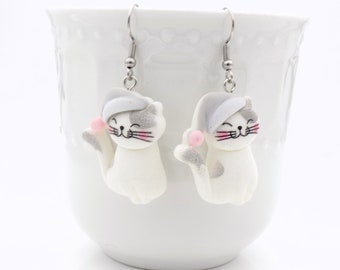Sleepy Kitty Earrings - Grey and White Cat Jewelry - Cat Mom Gift - earrings for pajama party pajama day at school - First sleepover gift