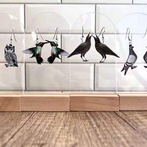 Realistic 2d Pigeon, Crow, Owl, or Hummingbird Dangle Earrings Grey and Black