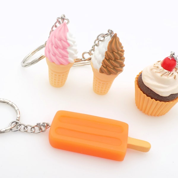 Snack Food Themed Keychains, Choose one,  Strawberry Ice Cream swirl, Chocolate Ice Cream Swirl, Orange Ice Pop, or Cupcake gift for baker