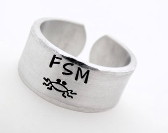 Gift for Athiest, Flying Spaghetti Monster, Handstamped Adjustable Ring, Non Religious, No Faith, FSM, Noodly monster, Atheism, Free Thinker