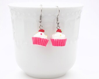 Cupcake Earrings Fuschia Pink with crystal Sprinkled frosting studs 