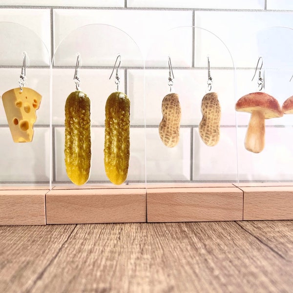 Realistic 2d Pickle, Cheese, Mushroom or Peanut Earrings