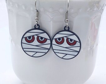 Mummy Face Dangle Earrings, Halloween Gothic Monster Jewelry