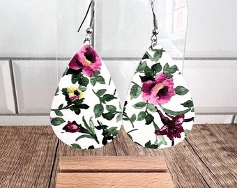 Floral Teardrop Earrings, Dangle Earrings, Drop Earrings, Everyday Earrings, Costume Jewelry, Flower earrings pink white and green colored