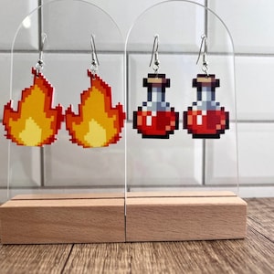 Pixel Earrings: Gamer Flame or Health Potion Jewelry