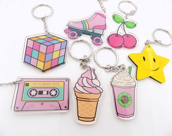 80's Themed Keychains, Choose one, Mix Cassette Tape, Keychain, or cube, gift for her or him, Acrylic colorful keychains choose yours