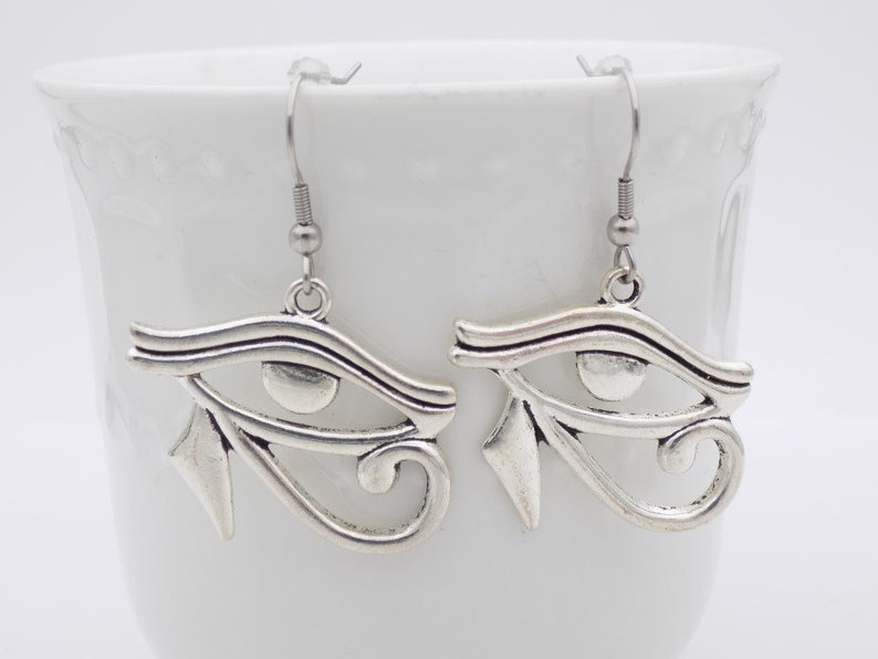 Eye of Ra Earrings, Egyptian Symbol, Silver Jewelry, Eye of Horus dangle earrings, Egyptian deity, Falcon, Everyday Earrings, Gift for her image 4