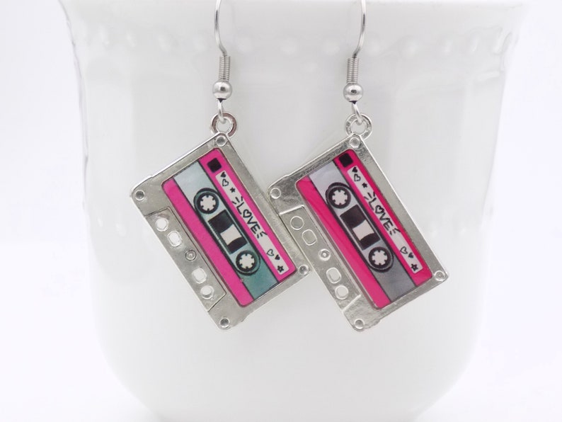 Mixtape Earrings, Pink and Black, Music Themed, Dangle Earrings, Drop Earrings, Everyday Earrings, Costume Jewelry, Pink Dangle earrings her 