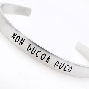 Non Ducor Duco,I'm not led, I lead, Handstamped Adjustable Aluminum Cuff, Inspirational Gift for her or him, Latin Phrase image 1