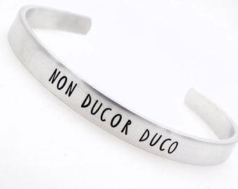 Non Ducor Duco,I'm not led, I lead, Handstamped Adjustable Aluminum Cuff, Inspirational Gift for her or him, Latin Phrase