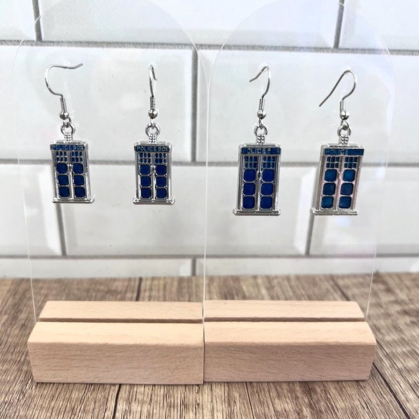 Police box earrings, Blue and silver enamel, Dangle Earrings for her, Silver Jewelry, Drop Earrings, Silver and Pink,  Everyday Earrings