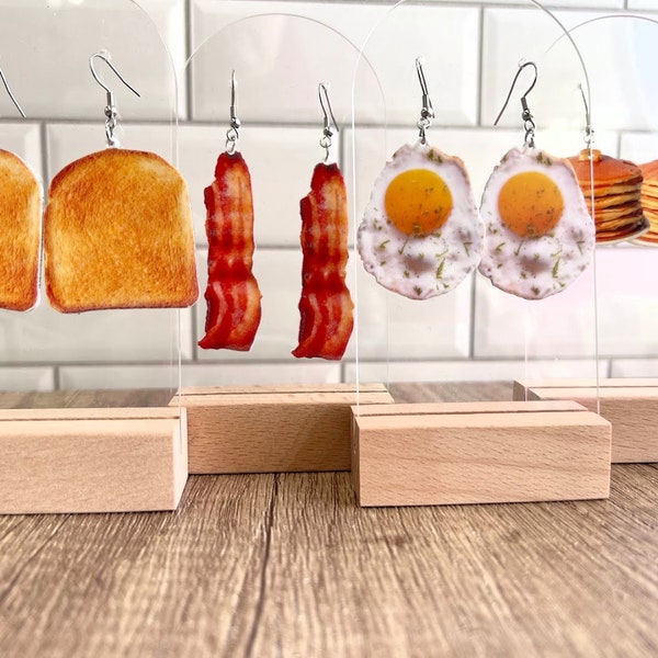 Realistic 2d Crispy Bacon, Eggs, Toast or Pancakes dangle Earrings for her - Food themed jewelry