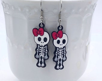 Pink Bow Skeleton Dangle Earrings, Halloween Gothic Monster Jewelry