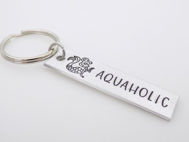 Handstamped Keychain for her Sea themed Mermaid Keychain Aquaholic keychain Ocean water nature theme Beach Girl Stamped metal keychain