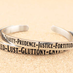 Seven Deadly Sins/Virtues Cuff: Laser Engraved Stainless Steel Bracelet