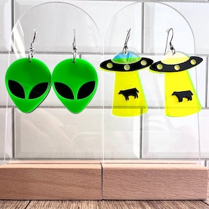 UFO Cow Abduction Earrings: Green Alien Dangle Earrings