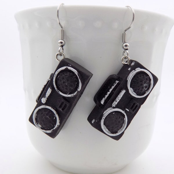 Boom Box Earrings, Black Earring, Music Themed, Dangle Earrings, Drop Earrings, Everyday Earrings, Costume Jewelry, 80's themed costume