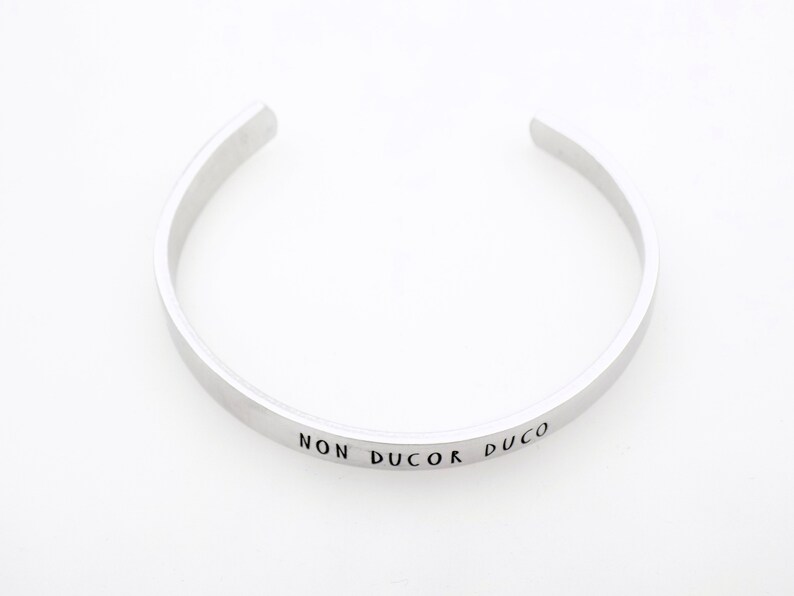 Non Ducor Duco,I'm not led, I lead, Handstamped Adjustable Aluminum Cuff, Inspirational Gift for her or him, Latin Phrase image 7