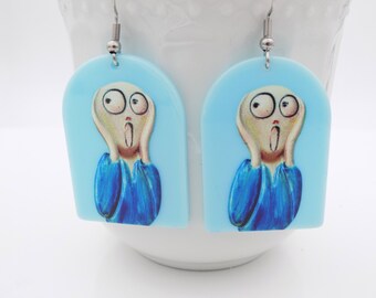 Funny Art Inspired Earrings - Blue and Silver - Dangle Earrings