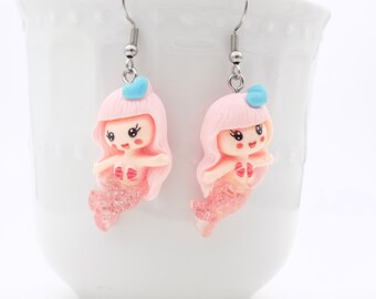 Mermaid Earrings - Fantasy Jewelry - Baby Pink Mermaid Glitter Fin