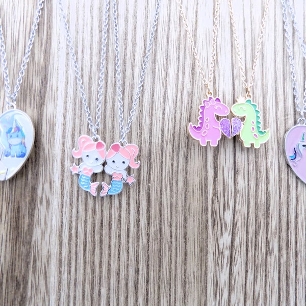 Best Friends Gift - Unicorn Necklaces, Mermaid, or Dino - BFF's set of 2 necklaces with adjustable chains - Magnetic Connection