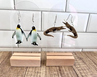 Penguin or Alligator Dangle Earrings: 2D Stainless Steel Jewelry