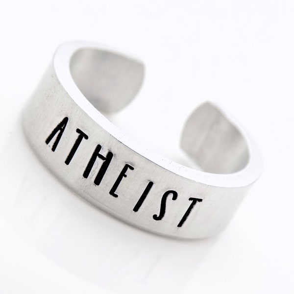 Atheist Adjustable Aluminum Ring, Free Thinker jewelry, Hand stamped gift for her or him, Unisex Atheism everyday jewelry gift idea