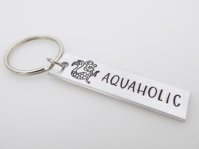 Handstamped Keychain for her Sea themed Mermaid Keychain Aquaholic keychain Ocean water nature theme Beach Girl Stamped metal keychain