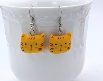 Orange Tabby Cat Face Earrings, Cat Mom Dangle Jewelry