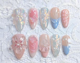 Floral Butterfly Press On Nails, Short Almond False Gel Nails, 3D Nail Art Designs