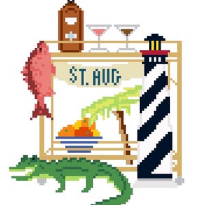 May include: Pixelated illustration featuring a brown bottle, cocktails, a red fish, a lighthouse, and an alligator. The text "ST. AUG" is displayed. A bowl of oranges and palm trees are also present.