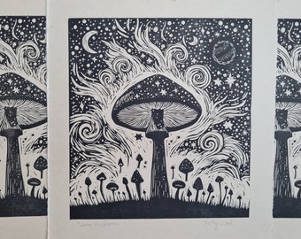 Kosmischer Pilz || Linoldruck Kunst || Gedruckt von Hand auf Japanischem Papier