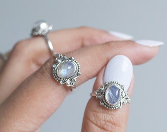 Oval Moonstone Ring, Boho Silver Ring