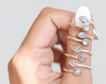Pear Rainbow Moonstone Adjustable Sterling Silver Ring