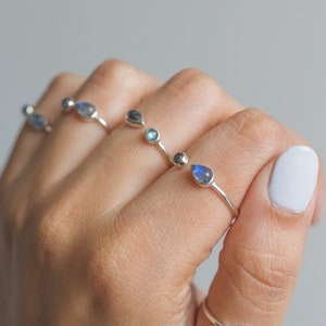 Blue Moonstone & Labradorite Adjustable Dainty Stacking Ring, Thin Silver Rings