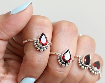 Minimalist Garnet Ring, Pear Garnet Birthstone Ring