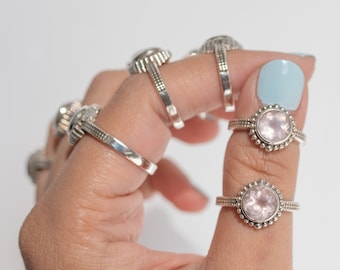 Round Rose Quartz Ring in Sterling Silver, Natural Crystal Quartz