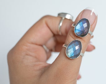 Rainbow Labradorite Crystal Ring, Rose Cut Labradorite Sterling Ring