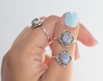 Blue Oval Moonstone Ring, Delicate Silver Ring