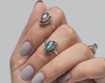 Marquise Labradorite Silver Ring, Boho Witchy Ring