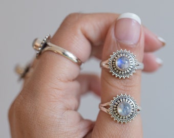 Round Moonstone Boho Statement Ring in Sterling Silver