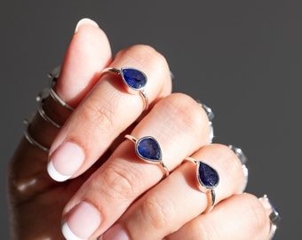 Genuine Sapphire Ring, Pear Sapphire Birthstone Ring
