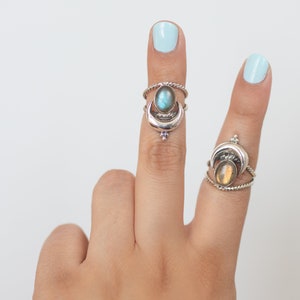 Oval Labradorite Moon Phase Sterling Silver Ring