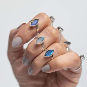 Marquise Labradorite Ring, 925 Sterling Silver, Faceted Cabochon