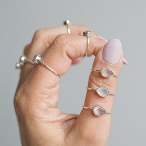 Natural Rose Quartz Crystal Ring, Teardrop Stone Ring in Sterling Silver
