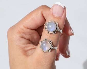 Round Moonstone Ring - Round Rainbow Moonstone Sterling Silver Ring
