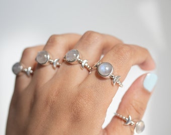 Round Moonstone Half Moon Sterling Silver Ring, Boho Bridesmaid Ring