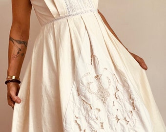 Wedding Dress with Vintage Lace | Natural Organic Cotton | 1940’s style wedding dress | organic cotton lace cream dress | 1950s dress